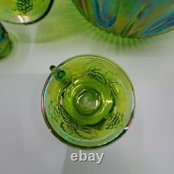 Vintage Indiana Glass Lime Green Carnival Glass Punch Bowl Set Harvest Grape