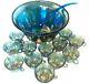 Vintage Indiana Glass Princess Blue Carnival Glass Grape Harvest Punch Bowl Set