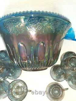 Vintage Indiana Glass Princess Blue Carnival Glass Grape Harvest Punch Bowl Set