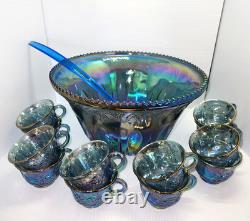 Vintage Indiana Glass Princess Blue Carnival Harvest Grape Punch Bowl 14 Pc Set