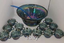 Vintage Indiana Glass Princess Blue Carnival Harvest Grape Punch Bowl 14 Pc Set