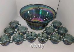 Vintage Indiana Glass Princess Blue Carnival Harvest Grape Punch Bowl 14 Pc Set