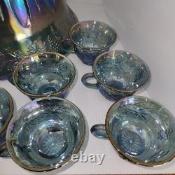 Vintage Indiana Glass Princess Blue Carnival Harvest Grape Punch Bowl 14 Pc Set
