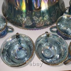 Vintage Indiana Glass Princess Blue Carnival Harvest Grape Punch Bowl 14 Pc Set
