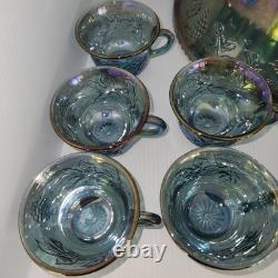 Vintage Indiana Glass Princess Blue Carnival Harvest Grape Punch Bowl 14 Pc Set