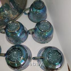Vintage Indiana Glass Princess Blue Carnival Harvest Grape Punch Bowl 14 Pc Set