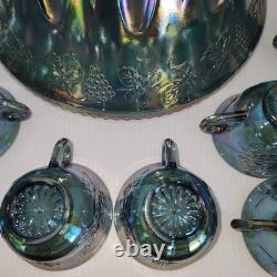Vintage Indiana Glass Princess Blue Carnival Harvest Grape Punch Bowl 14 Pc Set