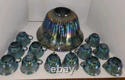 Vintage Indiana Glass Princess Blue Carnival Harvest Grape Punch Bowl 14 Pc Set
