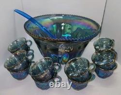 Vintage Indiana Glass Princess Blue Carnival Harvest Grape Punch Bowl 14 Pc Set