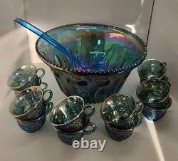 Vintage Indiana Glass Princess Blue Carnival Harvest Grape Punch Bowl 14 Pc Set