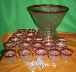 Vintage Indiana Glass Red And Clear 20 Piece Punch Bowl Set With Pedestal Base