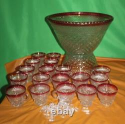 Vintage Indiana Glass Red And Clear 20 Piece Punch Bowl Set With Pedestal Base