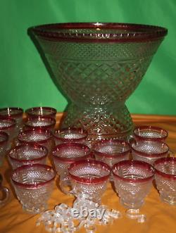 Vintage Indiana Glass Red And Clear 20 Piece Punch Bowl Set With Pedestal Base