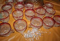 Vintage Indiana Glass Red And Clear 20 Piece Punch Bowl Set With Pedestal Base