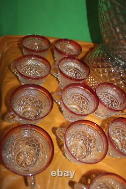 Vintage Indiana Glass Red And Clear 20 Piece Punch Bowl Set With Pedestal Base