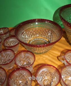 Vintage Indiana Glass Red And Clear 20 Piece Punch Bowl Set With Pedestal Base