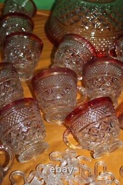 Vintage Indiana Glass Red And Clear 20 Piece Punch Bowl Set With Pedestal Base