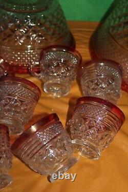 Vintage Indiana Glass Red And Clear 20 Piece Punch Bowl Set With Pedestal Base