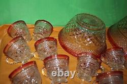 Vintage Indiana Glass Red And Clear 20 Piece Punch Bowl Set With Pedestal Base