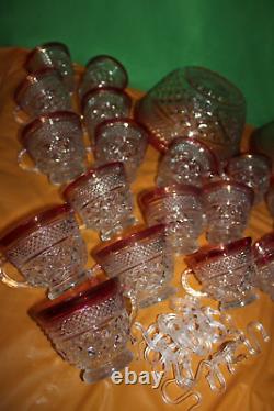 Vintage Indiana Glass Red And Clear 20 Piece Punch Bowl Set With Pedestal Base