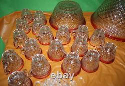 Vintage Indiana Glass Red And Clear 20 Piece Punch Bowl Set With Pedestal Base