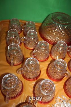 Vintage Indiana Glass Red And Clear 20 Piece Punch Bowl Set With Pedestal Base