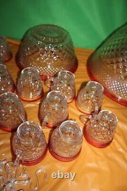 Vintage Indiana Glass Red And Clear 20 Piece Punch Bowl Set With Pedestal Base