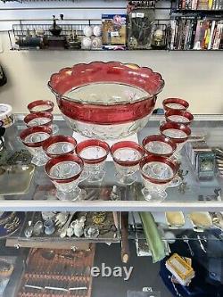 Vintage Indiana Glass Ruby Whitehall Punch Bowl & 12 Footed Cups