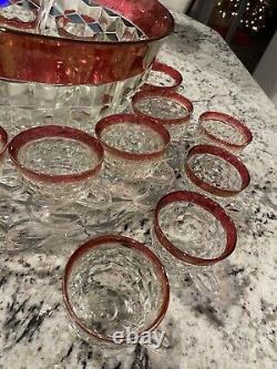 Vintage Indiana Glass Ruby Whitehall Punch Bowl & 20 Footed Cups, W TRAY