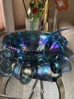 Vintage Indiana Grape Harvest Iridescent Blue Carnival Glass Punch Bowl Set