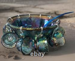 Vintage Indiana Grape Harvest Iridescent Blue Carnival Glass Punch Bowl Set
