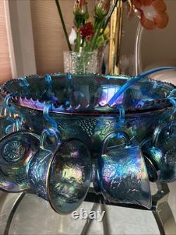 Vintage Indiana Grape Harvest Iridescent Blue Carnival Glass Punch Bowl Set