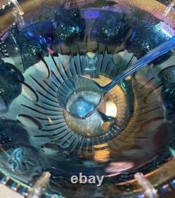 Vintage Indiana Grape Harvest Iridescent Blue Carnival Glass Punch Bowl Set
