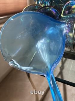 Vintage Indiana Grape Harvest Iridescent Blue Carnival Glass Punch Bowl Set