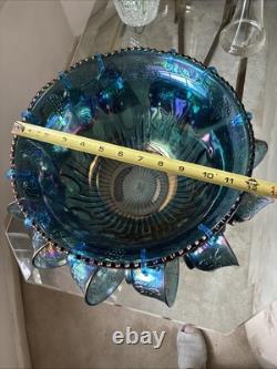 Vintage Indiana Grape Harvest Iridescent Blue Carnival Glass Punch Bowl Set