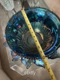 Vintage Indiana Grape Harvest Iridescent Blue Carnival Glass Punch Bowl Set