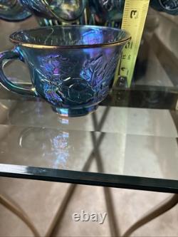 Vintage Indiana Grape Harvest Iridescent Blue Carnival Glass Punch Bowl Set