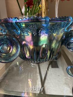 Vintage Indiana Grape Harvest Iridescent Blue Carnival Glass Punch Bowl Set