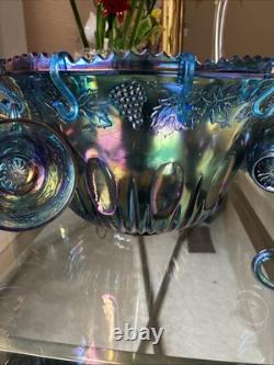 Vintage Indiana Grape Harvest Iridescent Blue Carnival Glass Punch Bowl Set