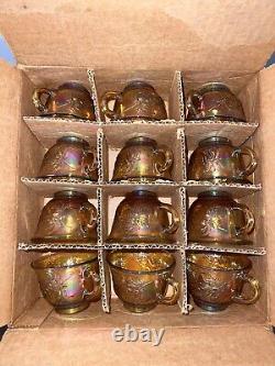 Vintage Indiana Harvest Iridescent Gold Carnival Glass Punch Bowl with12 Cups 7447