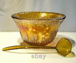 Vintage Indiana Iridescent Carnival Glass Marigold Harvest Grapes Punch Bowl Set
