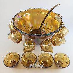 Vintage Indiana MARIGOLD Carnival Glass Punch Bowl 22 Piece Set in ORIGINAL BOX