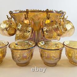 Vintage Indiana MARIGOLD Carnival Glass Punch Bowl 22 Piece Set in ORIGINAL BOX