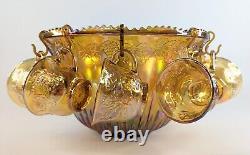 Vintage Indiana MARIGOLD Carnival Glass Punch Bowl 22 Piece Set in ORIGINAL BOX