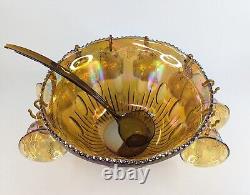 Vintage Indiana MARIGOLD Carnival Glass Punch Bowl 22 Piece Set in ORIGINAL BOX