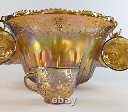 Vintage Indiana MARIGOLD Carnival Glass Punch Bowl 22 Piece Set in ORIGINAL BOX