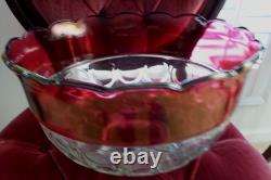 Vintage Indiana Red Glass Kings Crown Punch Bowl and 12 cups on pedestals