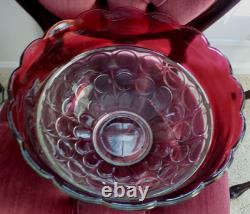 Vintage Indiana Red Glass Kings Crown Punch Bowl and 12 cups on pedestals
