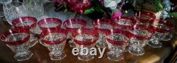 Vintage Indiana Red Glass Kings Crown Punch Bowl and 12 cups on pedestals