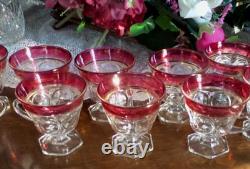 Vintage Indiana Red Glass Kings Crown Punch Bowl and 12 cups on pedestals